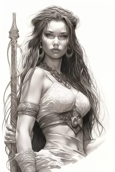 魔法世界中康南的女巫戰士：令人驚艷的服飾，戲劇性的姿勢，長發束起，面容猙獰，完美的線條，約翰·布蘭奇 拉里·埃爾莫爾 埃羅爾·奧特斯風格。
