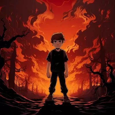 “火焰中的少年，魔鬼注視之下”