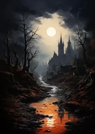 月光照耀的河流：比利时巴洛克风格油画，暗红与深灰交织，神秘光影，梦幻乡野