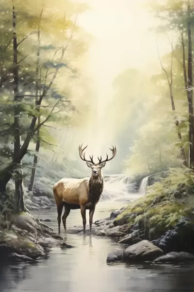 溪邊佇立的巨型麋鹿，恍如古墨版畫，引發(fā)無盡遐想。