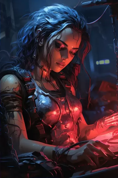 一個華麗的女性機械人在一個工廠里接受著電子手術(shù)