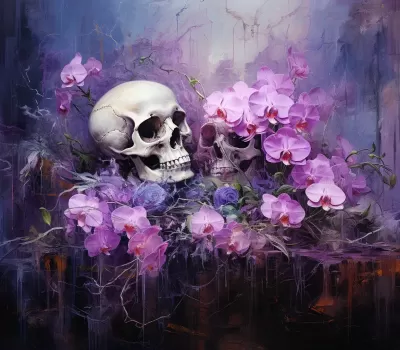 “紫色詭異：抽象油畫紋理中的骷髏與花朵”