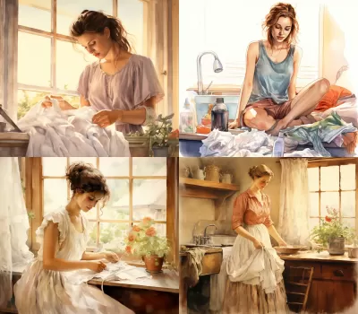 Cecily Mary Barker的風(fēng)格描繪了一個家庭婦女在家中做家務(wù)