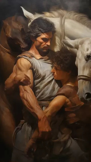《赫拉克勒斯与四匹母马》这个标题描述了一幅画，画面中有一位25岁的希腊男子，他的肌肉发达，像米开朗基罗的油画一样生动。他正在描绘赫拉克勒斯与四匹母马之间的一场史诗般的战斗。