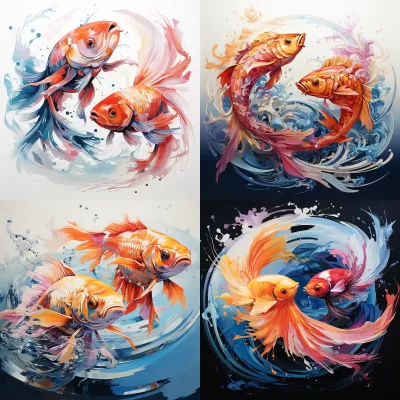 絢麗抽象：彼得·馬克斯風格，白底雙魚逆游，橙紫藍，迷幻十二宮