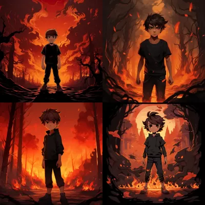 “火焰中的少年，魔鬼注視之下”