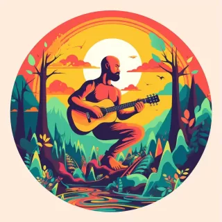 90s复古风：绿林中的吉他瑜伽士，彩色圆圈logo设计