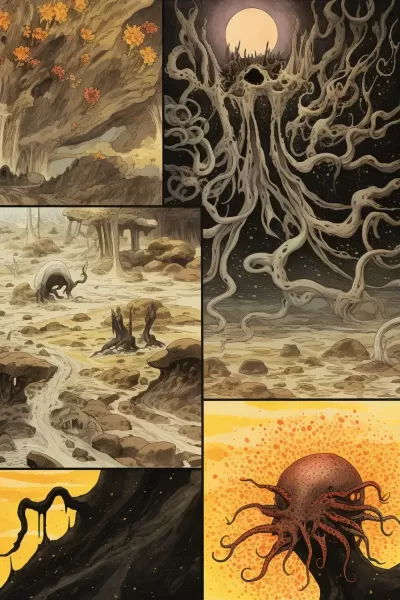 奇幻圖景：黑色章魚探尋沙漠之花，輝光波紋，跨越高爾夫，藝術家眾神之作。