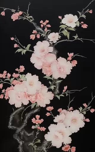 东方风格花鸟画墨纸壁饰，淡粉与浅灰调，Talbot Hughes传统中国风，细腻水墨，壁纸，Kinuko Y. Craft标志性。
