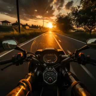 驾驶本田黄蜂在高山公路上，欣赏壮丽的日落景色，4K 8K高清细节，电影级光影，超广角视野。