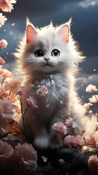 梦幻仙境：可爱小猫手握粉色玫瑰，如云中仙子