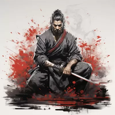 黑白紅墨繪，背負(fù)刀劍的武士屹立蹲伏