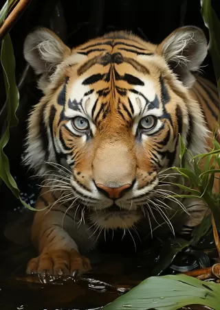热带宁静之二：一只老虎在热带天堂的叶子下休息，大自然的杰作作为背景。