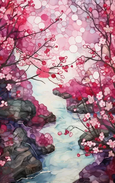 醉人魅力綻放，在櫻花森林中品味酒精墨彩的分形鑲嵌