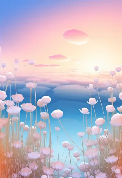 美麗的海洋花卉設計圖案：夢幻仙境般的藍色蓬松草地與黃色裝飾枝丫，簡約的扁平設計，漸變的藍粉白花球，逼真的3D渲染效果，令人陶醉的蒂爾達光效，美麗的海岸日落背景，夢幻藝術風格，美麗的花卉設計與幻想藝術相結合，超凡脫俗的美麗，如夢如幻的美景。