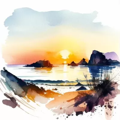海灘上的夏日夕陽，崖上的水彩繪影，白色背景下的浪漫畫卷