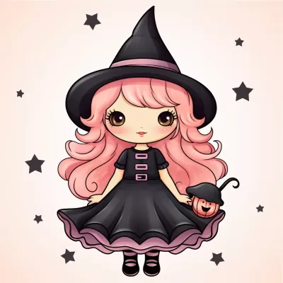 迷人復古粉嫩魔女：萬圣節剪貼藝術，充滿童趣，干凈白底勾勒！
