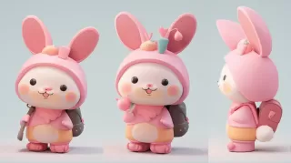 粉色兔兔玩偶三视图：可爱帽，chibi风格，梦幻微笑