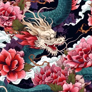 這個圖片的標題可以是“龍與波普藝術相融的紡織圖案”。