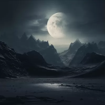 “夜幕降臨，兩座峻峭山峰之間的逼真巨灰月，如畫般細致入微。”