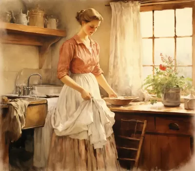 Cecily Mary Barker的風(fēng)格描繪了一個家庭婦女在家中做家務(wù)