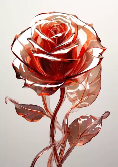 透明紅色玻璃玫瑰，逼真超清3D藝術，未來感科幻插畫