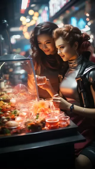 两位女友在未来科幻风格的网络朋克寿司列车吧用餐