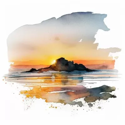 海灘上的夏日夕陽，崖上的水彩繪影，白色背景下的浪漫畫卷