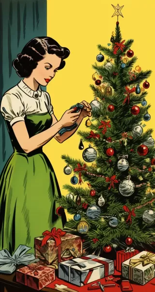复古圣诞漫画风格：母亲在电话中装饰圣诞树