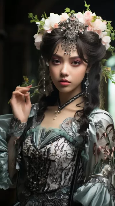 九天仙女降臨，冰晶宮殿璀璨奪目。美麗九天仙女，婉約仙顏，美眸如星，彎眉如月，櫻桃小嘴，桃花面龐。華美羽翼展開，云彩背景，神圣華麗。8K超高清畫質(zhì)，豐富細膩，色彩斑斕。