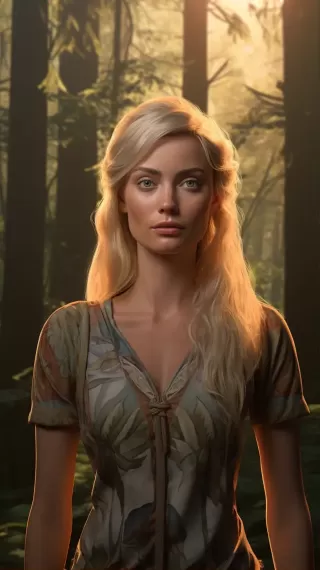 在魔法仙境森林中，35岁金发女子与3D动画角色面对面的日落时刻