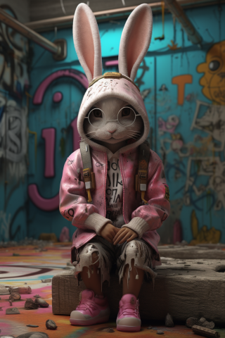 3D兔子儿童毛绒玩具：涂鸦风格的靓丽肖像，超高清图像，用佳能EOS 5D Mark IV拍摄，精细写实，充满暖色调