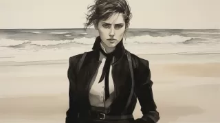 1900s Scifi Duelist: Woman with Pale Messy Hair and Sharp Pointed Nose, Standing on the Beach