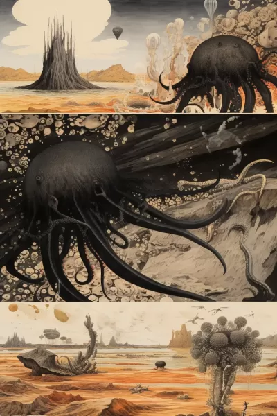 奇幻圖景：黑色章魚探尋沙漠之花，輝光波紋，跨越高爾夫，藝術家眾神之作。