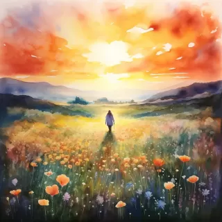 《夕阳下的田野：耶稣与花朵共舞》