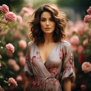 迷人的阿拉伯时尚模特在玫瑰花园中完美展示——浪漫飘逸，完美细节！