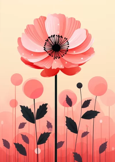 粉色背景下的太陽抽象花卉：大膽圖形插畫中的浪漫詩意