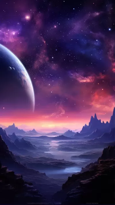 紫色星云，星系和無盡星辰，引人入勝的外星行星全景。