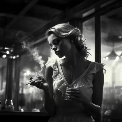 黑白畫(huà)面一位優(yōu)雅的女士身處一家酒吧中