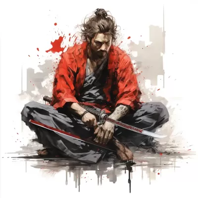 黑白紅墨繪，背負(fù)刀劍的武士屹立蹲伏