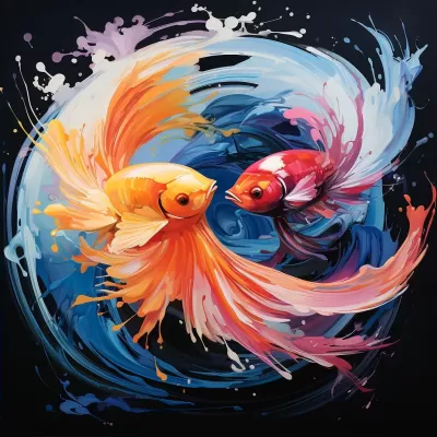 絢麗抽象：彼得·馬克斯風格，白底雙魚逆游，橙紫藍，迷幻十二宮