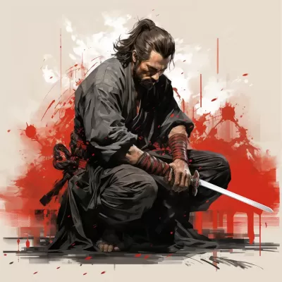 黑白紅墨繪，背負(fù)刀劍的武士屹立蹲伏