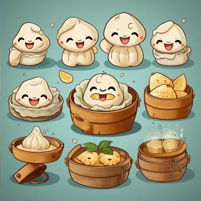 中文餃子制作卡通笑臉，閉眼微笑可愛手繪圖，扁平畫幅，1:1比例，分辨率5.2，質量1，尺寸750。