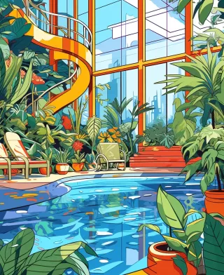 成人插图：游泳池与植物的卡通风格绘画，线条粗犷，细节低调，色彩鲜艳。