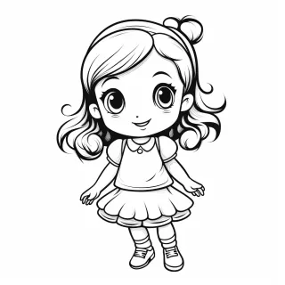 可愛女孩涂色頁，動畫風格插圖，黑白色繪畫風格，粗線條，適合幼兒，簡單明了，厚實輪廓，手繪制，純白背景。