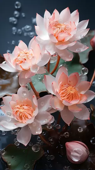 粉色梦幻莲花，晨雾缭绕，圆润饱满水晶花瓣，蜿蜒花枝，翠绿嫩叶，精致细腻的花艺风格，8K高清细节后期处理。