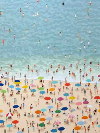 沙灘上的人與傘，細節豐富如 Lucy Grussmth 和 Hiroshi Nagai，鳥瞰視角展現，條紋畫卷，青綠與米色交織，動感點彩風格——A3:4尺寸，原始風格