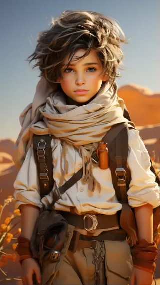 可爱的白色沙漠男孩：动漫角色设计，卡哇伊风格，童话幻想，真实逼真，阿尔丰索·穆夏，奥克坦渲染，魔法闪电。