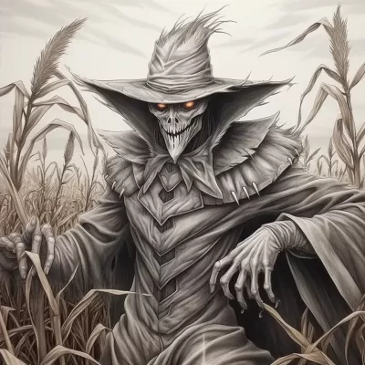 超逼真的恐怖稻草人，萬(wàn)圣節(jié)主題，詳細(xì)無(wú)字體，成人涂色頁(yè)，由Anne Stokes以淺灰色陰影繪制