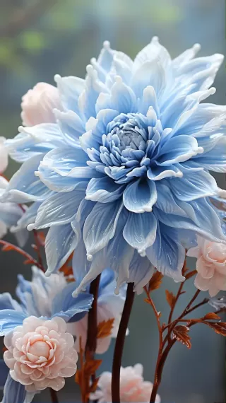 浅蓝色牡丹花：圆润饱满，花瓣清晰，根部通透。优雅如牡丹，水珠闪烁，治愈、细腻而真实。高清图片展示。